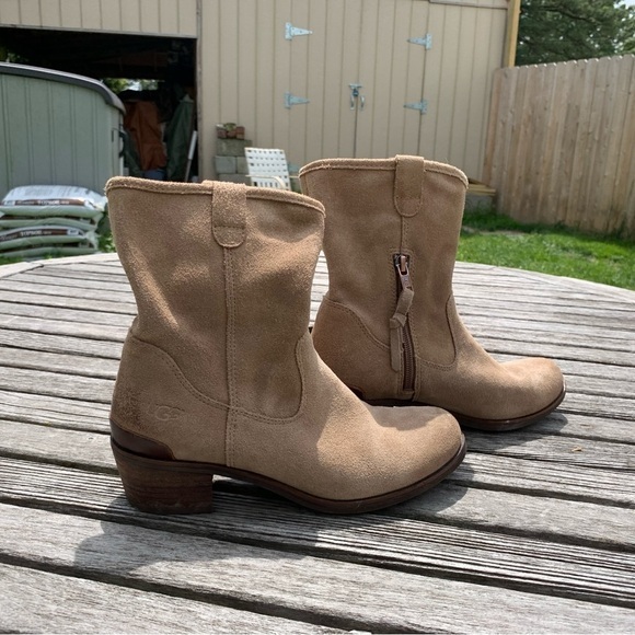 UGG Rioni Tan Suede Leather Soft Pull On Mid Boots - Picture 3 of 15